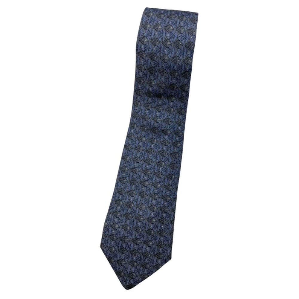 HERMÈS Men's 100% Silk Necktie LUXURY Tie 7322 EA Blue Gray Fish W:3.5" EUC